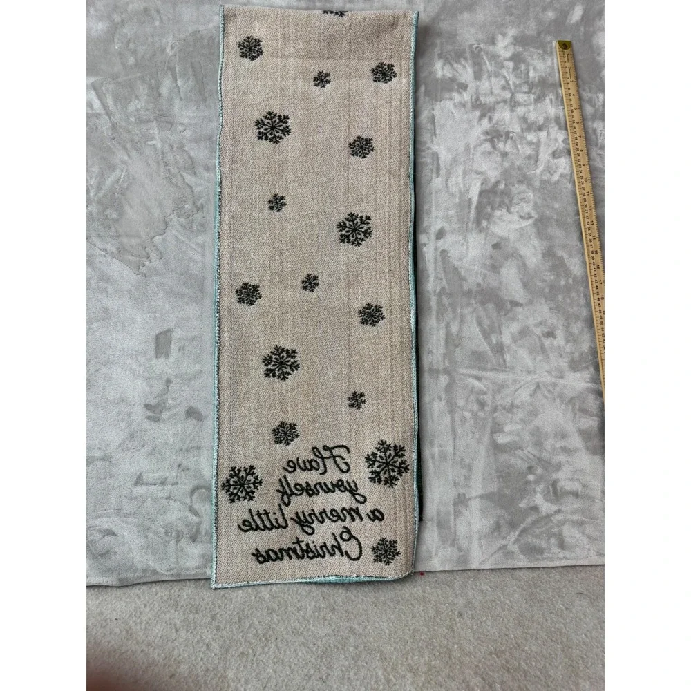 Green Christmas Table Runner Merry Little Christmas Snowflakes 70in